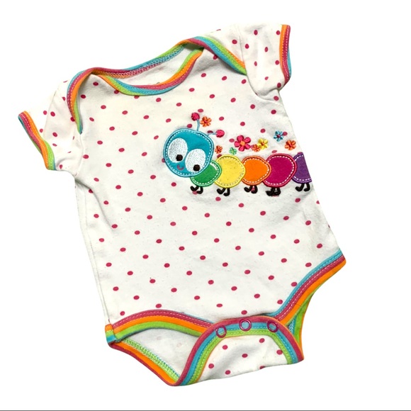 Nuby Polka Dot Rainbow Caterpillar Patch Snap Button Cap Sleeve Bodysuit 0-3 Mth - Picture 1 of 4